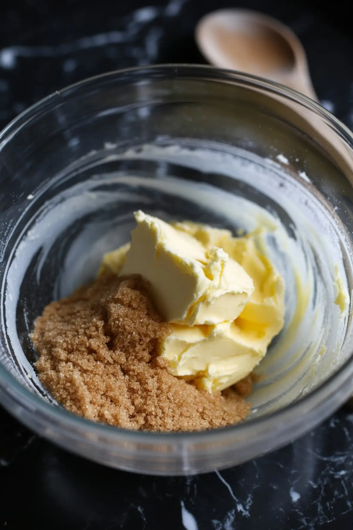 A mixing bowl contains soft butter and packed brown sugar, ready to be creamed for baking.

