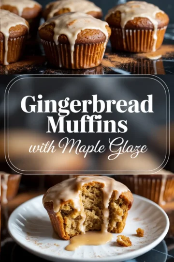 Vertical collage with glazed gingerbread muffins at the top, centered overlay text reading “Gingerbread Muffins with Maple Glaze,” and a close-up of a sliced muffin on a white plate at the bottom.