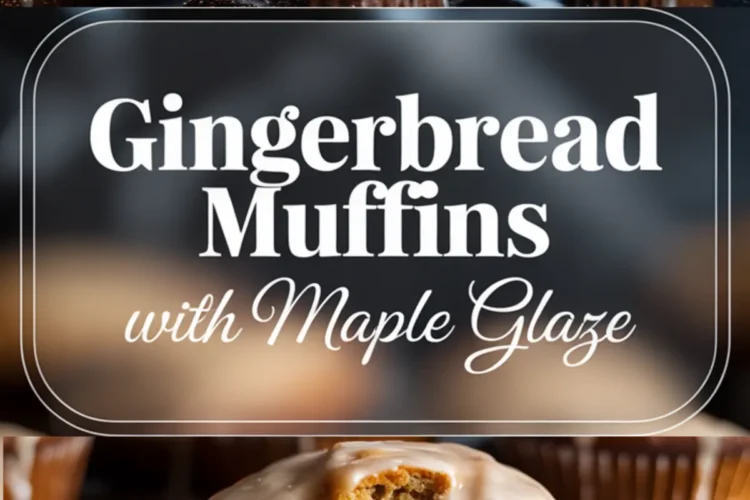 Vertical collage with glazed gingerbread muffins at the top, centered overlay text reading “Gingerbread Muffins with Maple Glaze,” and a close-up of a sliced muffin on a white plate at the bottom.