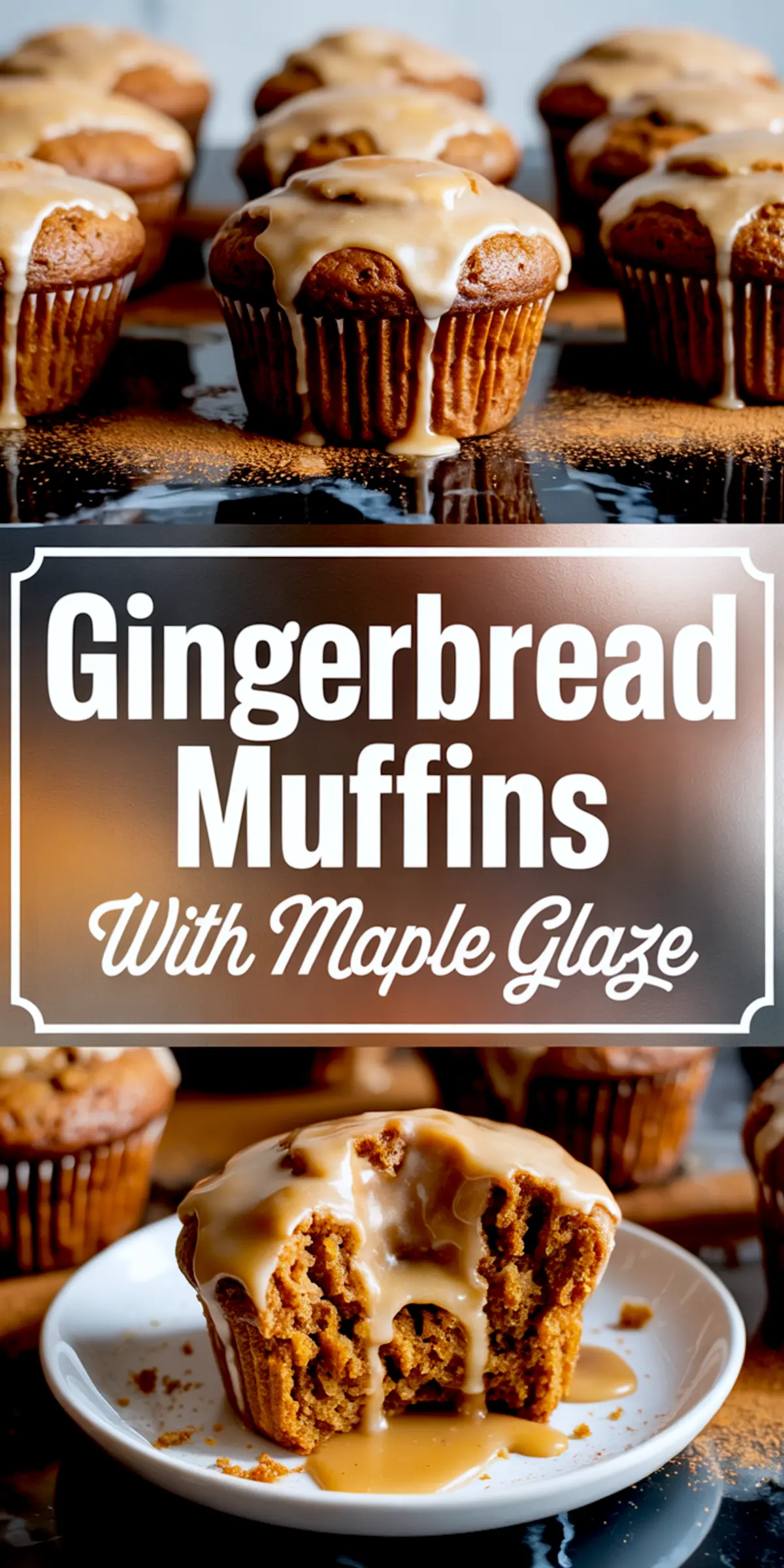 Vertical collage showing maple-glazed gingerbread muffins, bold white overlay text in the middle reading “Gingerbread Muffins With Maple Glaze,” and a close-up of a moist muffin on a white plate, dripping with glaze.
