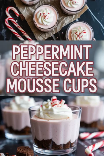 Two-part collage highlighting peppermint cheesecake mousse cups topped with whipped cream and crushed peppermint, set on parchment with candy canes and chocolate pieces, overlaid with bold red text stating “Peppermint Cheesecake Mousse Cups.”