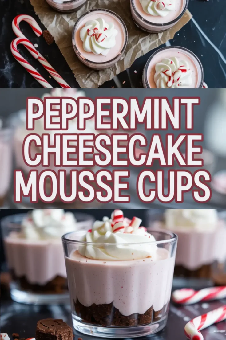 Two-part collage highlighting peppermint cheesecake mousse cups topped with whipped cream and crushed peppermint, set on parchment with candy canes and chocolate pieces, overlaid with bold red text stating “Peppermint Cheesecake Mousse Cups.”