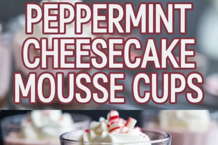 Two-part collage highlighting peppermint cheesecake mousse cups topped with whipped cream and crushed peppermint, set on parchment with candy canes and chocolate pieces, overlaid with bold red text stating “Peppermint Cheesecake Mousse Cups.”