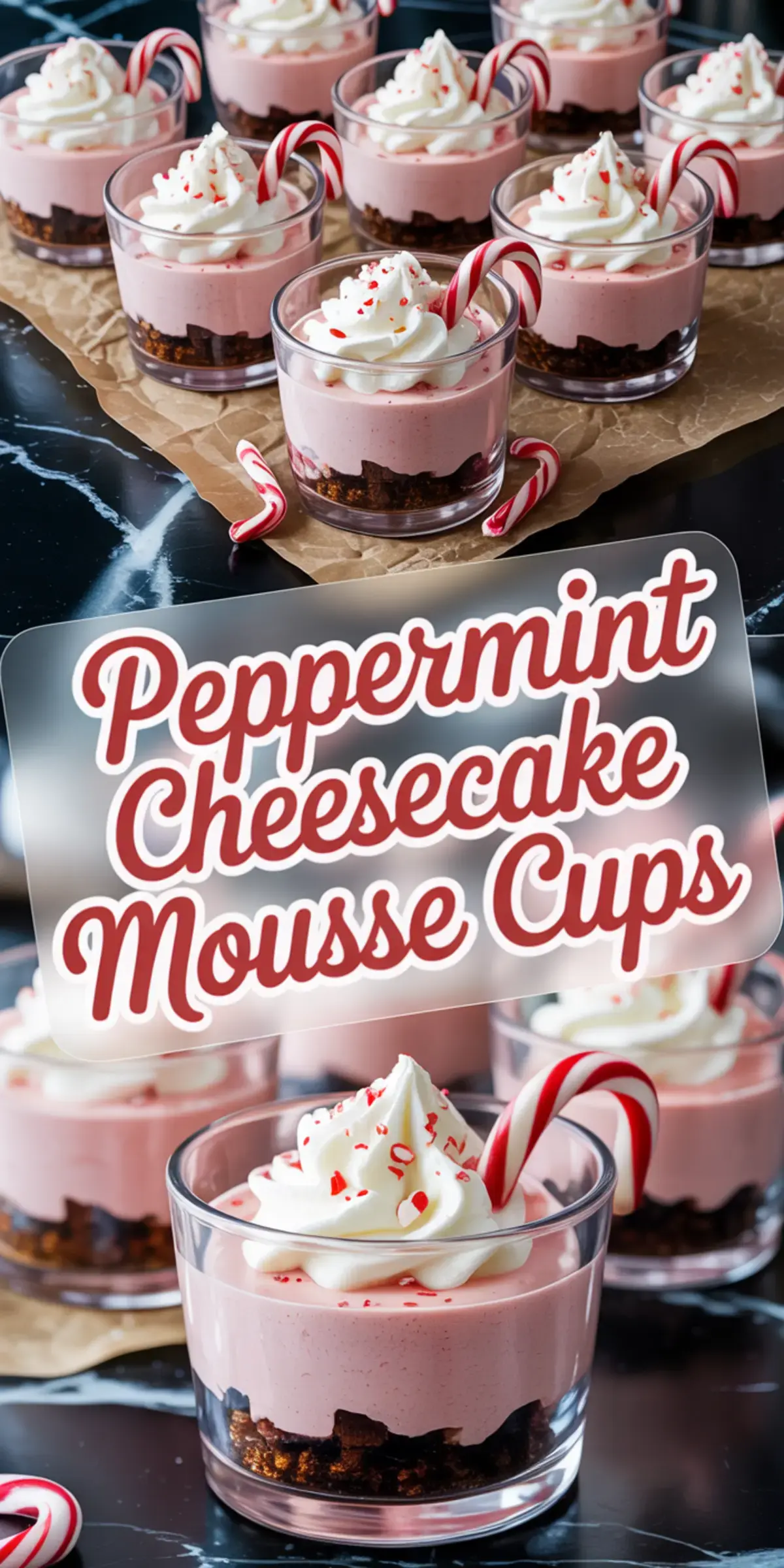 Vertical collage with close-up and wide-angle views of peppermint cheesecake mousse cups featuring chocolate cookie crust, smooth peppermint mousse, piped whipped cream, and whole mini candy canes, with a text overlay.

