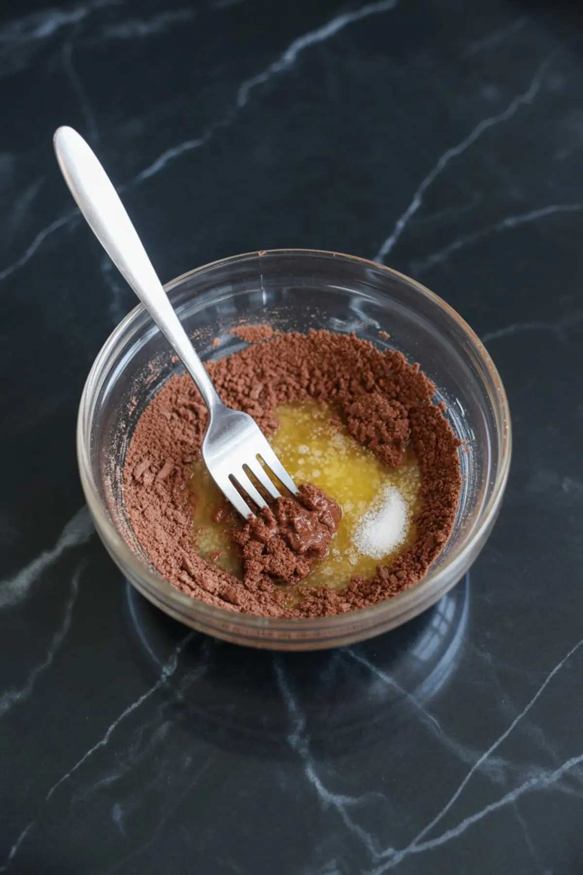 Clear glass bowl with dry chocolate pudding mix, melted butter, and granulated sugar being combined using a silver fork, resting on a black marble surface.
