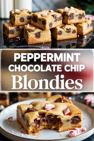 Top image shows a stack of peppermint chocolate chip blondies with visible chunks of candy cane and gooey chocolate chips; bottom image highlights a single blondie bar on a white plate with a melty chocolate center and peppermint pieces, captioned “Peppermint Chocolate Chip Blondies.”