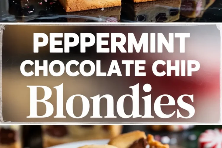 Top image shows a stack of peppermint chocolate chip blondies with visible chunks of candy cane and gooey chocolate chips; bottom image highlights a single blondie bar on a white plate with a melty chocolate center and peppermint pieces, captioned “Peppermint Chocolate Chip Blondies.”