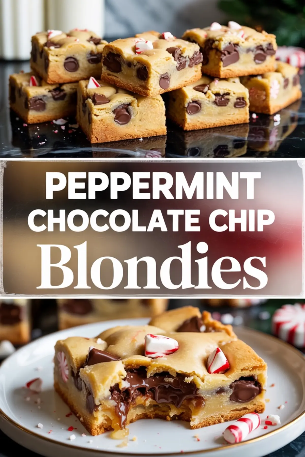 Top image shows a stack of peppermint chocolate chip blondies with visible chunks of candy cane and gooey chocolate chips; bottom image highlights a single blondie bar on a white plate with a melty chocolate center and peppermint pieces, captioned “Peppermint Chocolate Chip Blondies.”