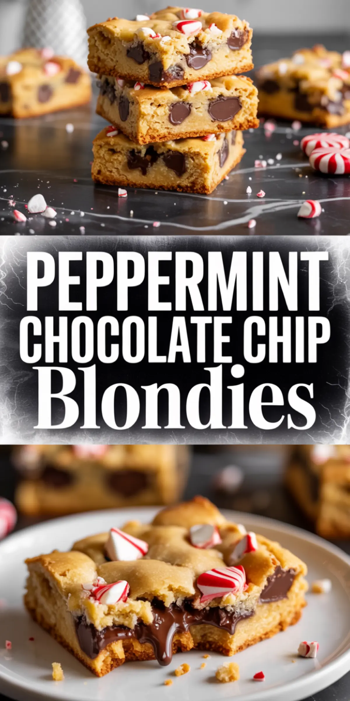 Top image features a stack of golden blondies with chocolate chips and peppermint chunks; bottom image showcases a single blondie with gooey melted chocolate and crushed candy cane pieces on a white plate, overlaid with “Peppermint Chocolate Chip Blondies” text on a stormy dark background.
