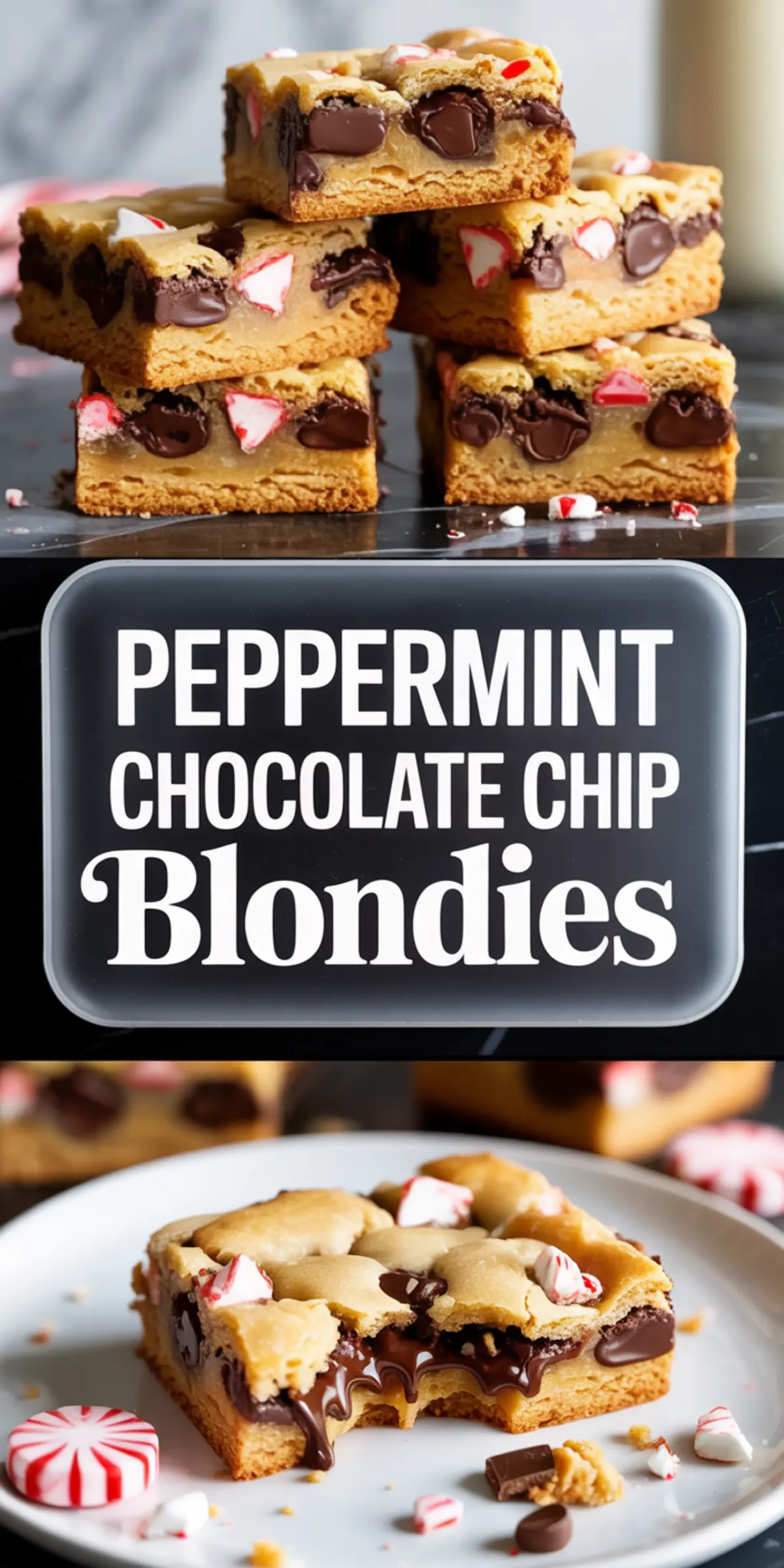 Top image shows a stack of peppermint chocolate chip blondies with visible chunks of candy cane and gooey chocolate chips; bottom image highlights a single blondie bar on a white plate with a melty chocolate center and peppermint pieces, captioned “Peppermint Chocolate Chip Blondies.”
