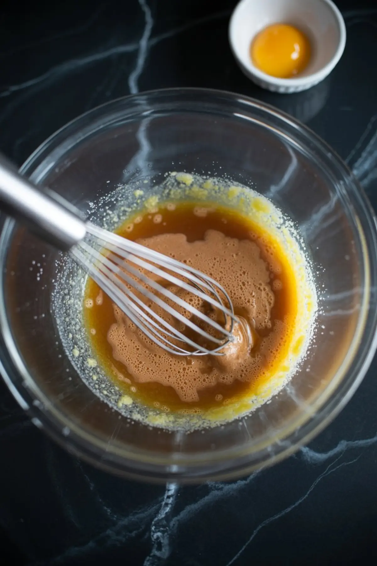 A whisk blends melted butter and brown sugar in a glass bowl on a dark marble surface, with an egg yolk resting in a small white ramekin nearby—early step in baking peppermint chocolate chip blondies.
