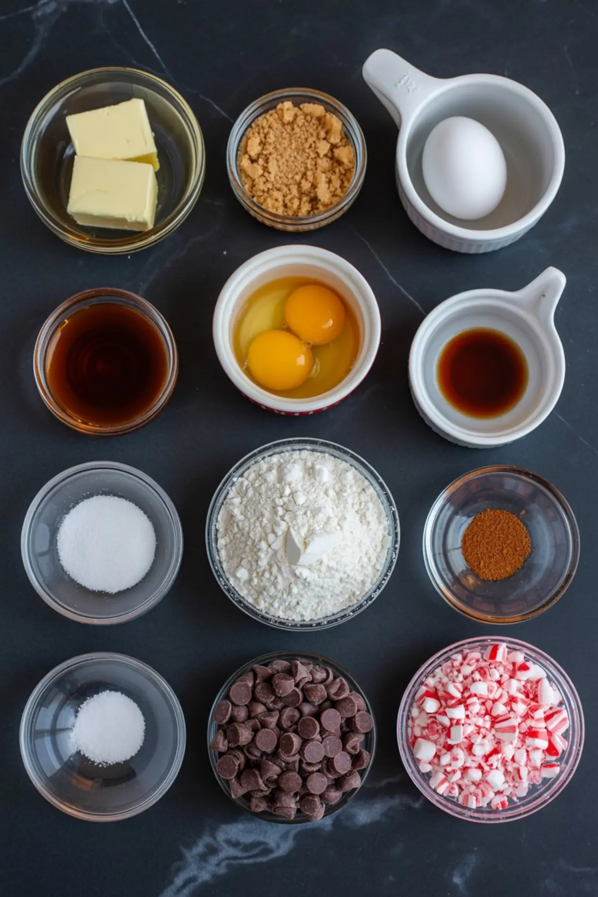 Flat lay of baking ingredients including flour, eggs, butter, brown sugar, vanilla, peppermint candy, chocolate chips, cinnamon, and baking powder arranged neatly in glass and ceramic bowls on a dark surface.
