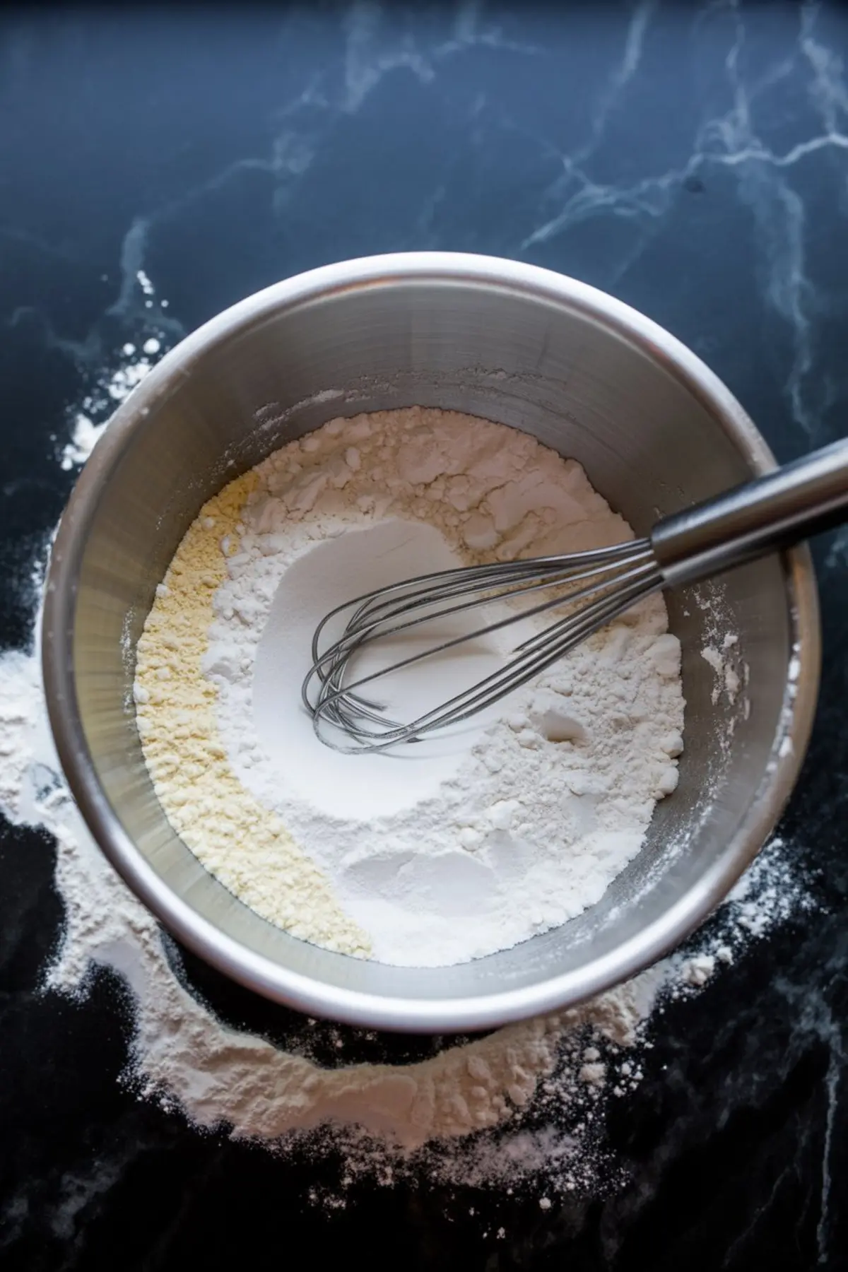 Stainless steel mixing bowl filled with flour, cornmeal, and sugar, with a metal whisk resting on top, on a black marble countertop dusted with spilled flour.