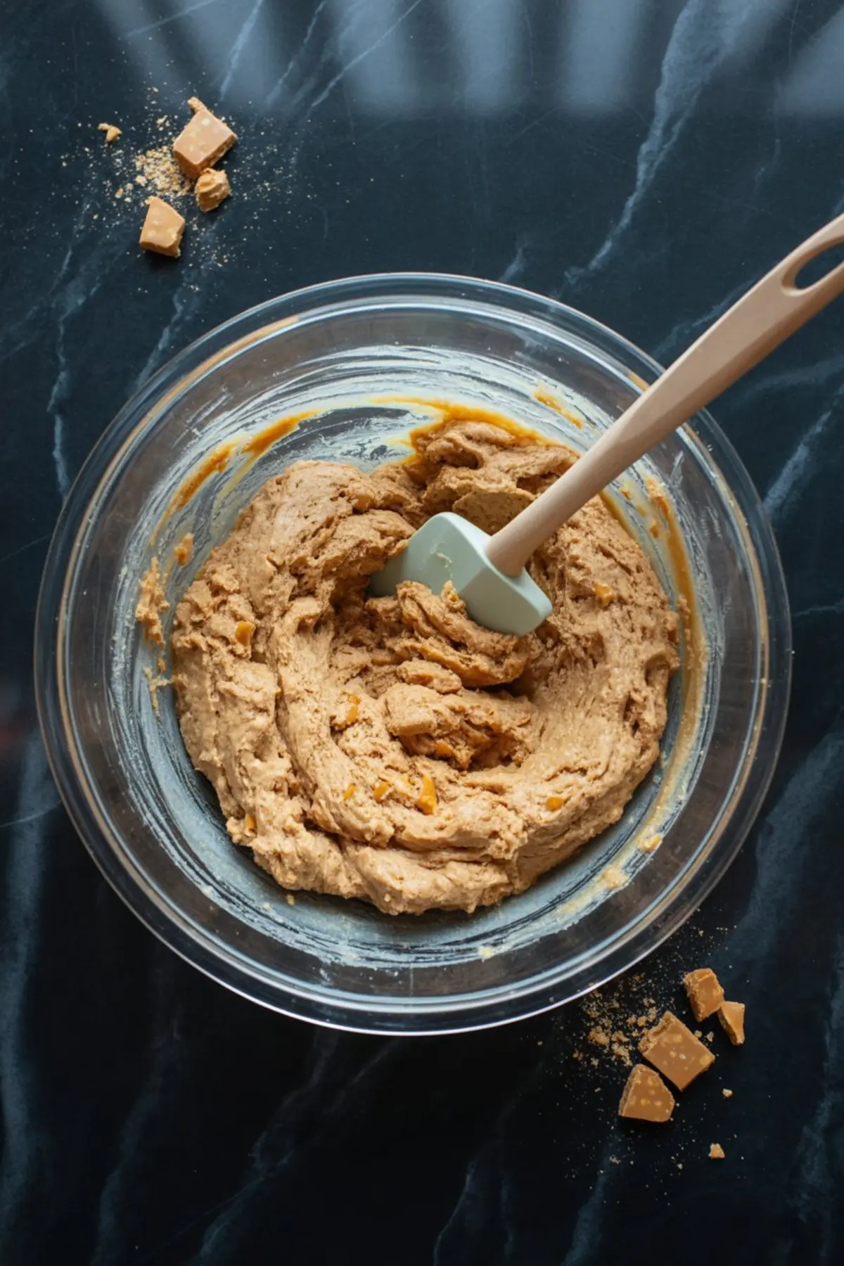 Thick cookie dough mixed with toffee bits in a glass bowl, stirred with a silicone spatula, set on a dark marble surface with caramel chunks scattered nearby.