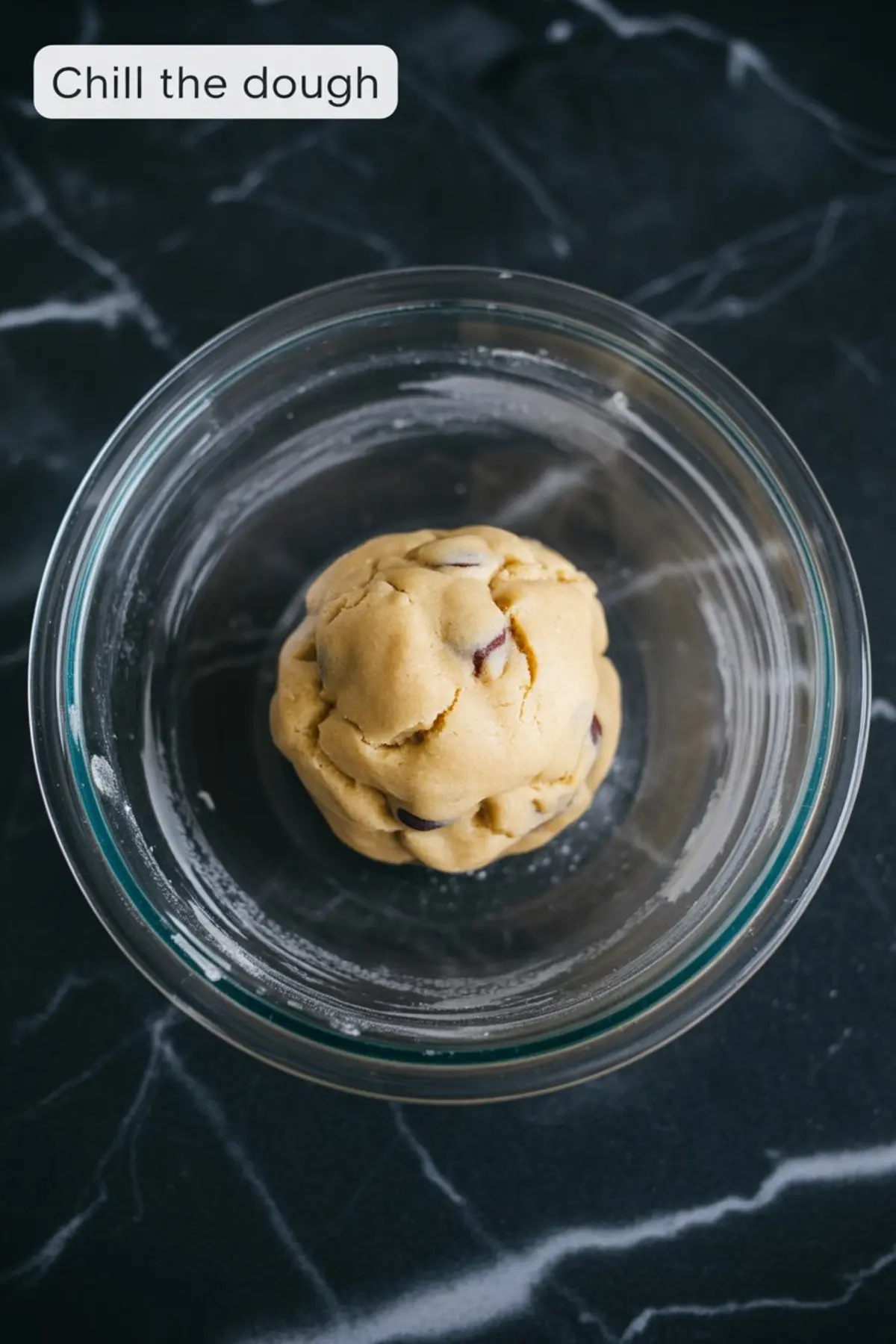 Ball of chocolate chip cookie dough in a clear bowl with text overlay that reads “Chill the dough,” placed on a black marble surface.