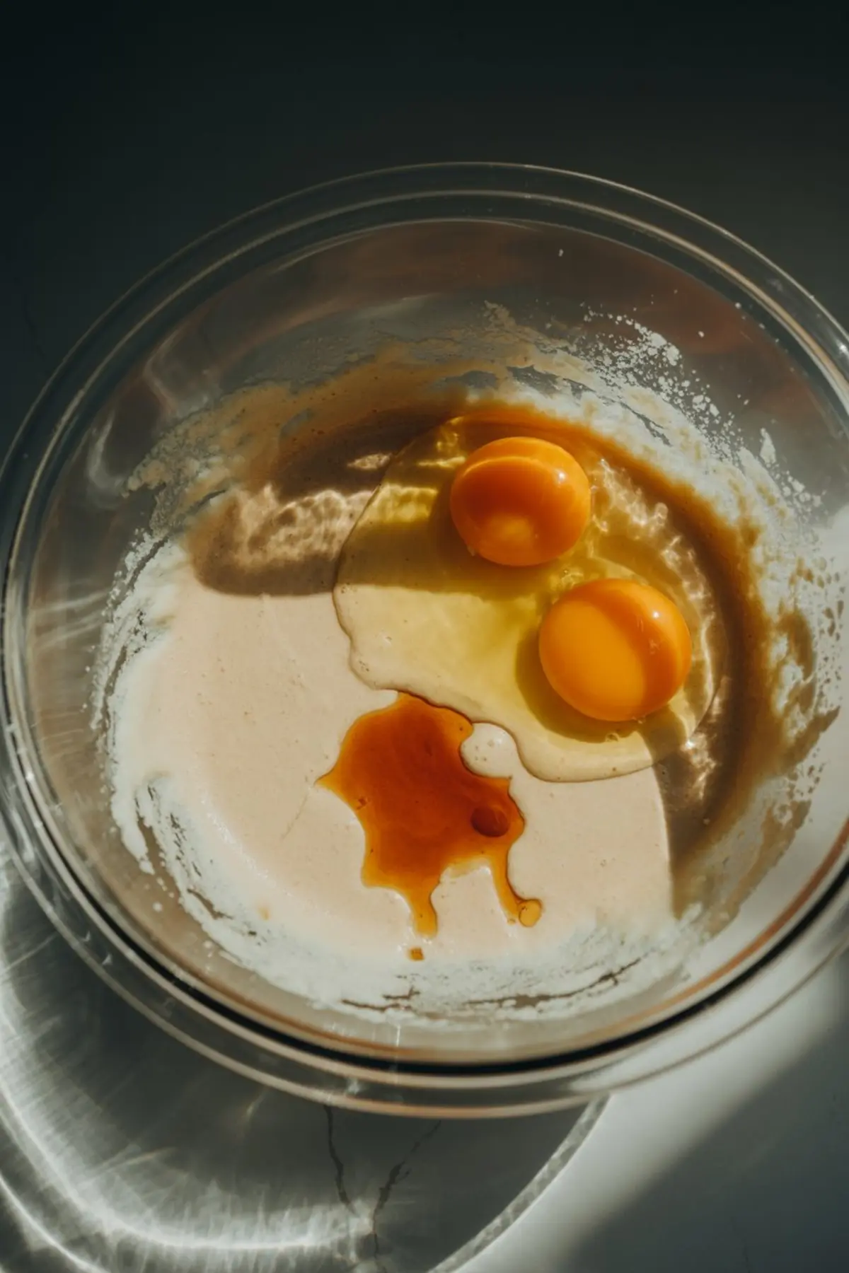 Two raw eggs and vanilla extract added to a creamy sugar mixture in a glass bowl, partially mixed on a sunlit marble surface.