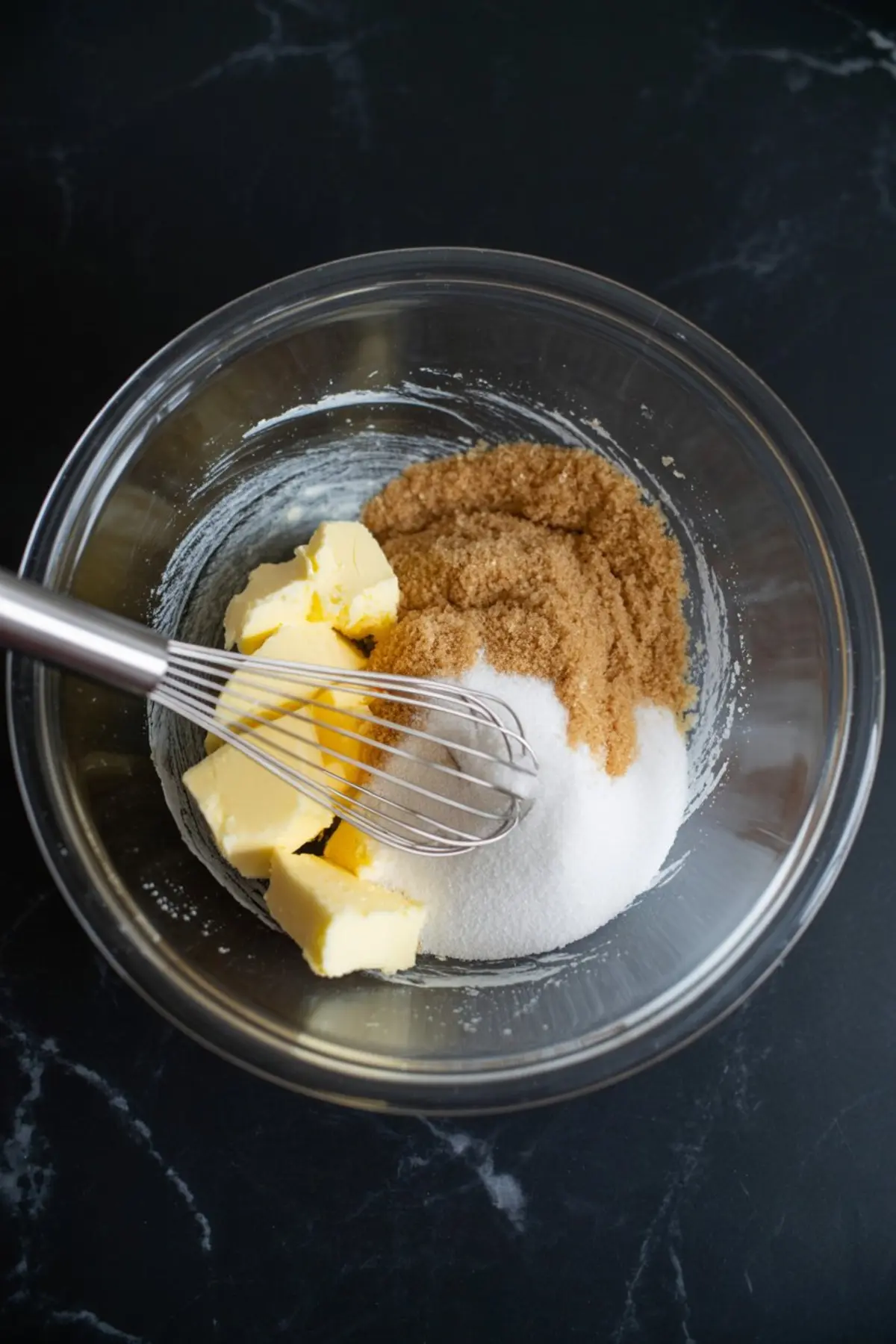 Glass bowl containing cubed butter, white sugar, and brown sugar being whisked together on a dark countertop.
