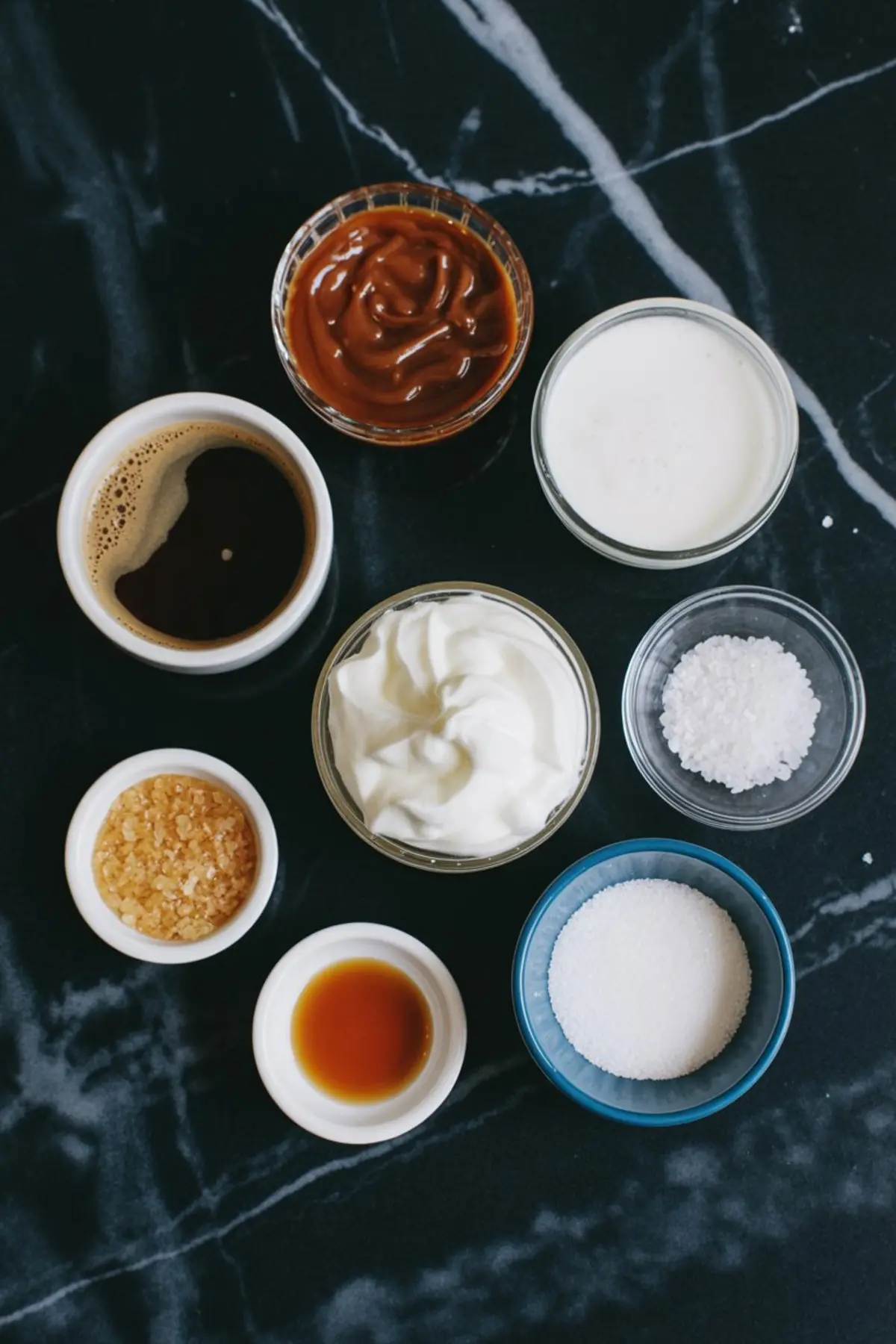Flat lay of caramel coffee ingredients including caramel sauce, whipped cream, espresso, heavy cream, sea salt, granulated sugar, brown sugar, and vanilla extract arranged in small bowls on a black marble surface.
