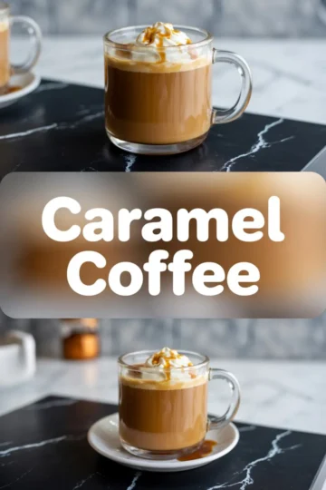 Collage with two angled views of caramel coffee in glass mugs, topped with whipped cream and caramel drizzle; central bold text “Caramel Coffee” overlays a blurred background between the top and bottom images, both styled on a dark serving surface with a marble pattern.