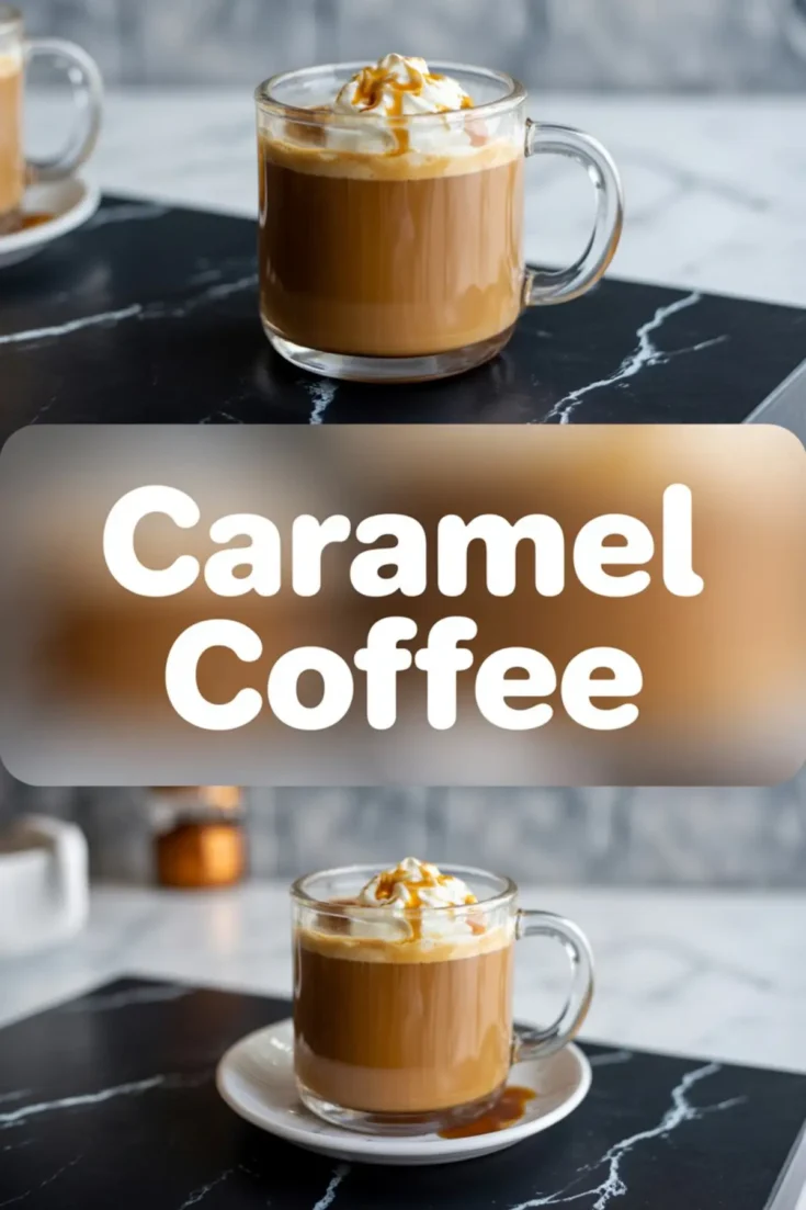 Collage with two angled views of caramel coffee in glass mugs, topped with whipped cream and caramel drizzle; central bold text “Caramel Coffee” overlays a blurred background between the top and bottom images, both styled on a dark serving surface with a marble pattern.