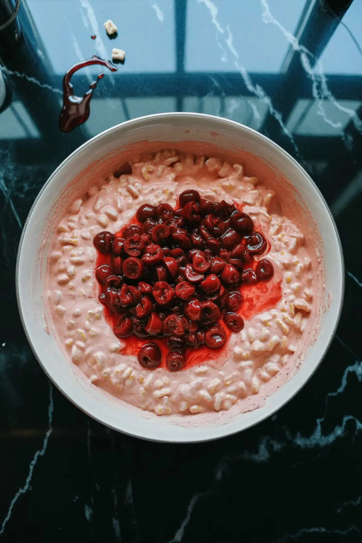 Bowl of pink cherry Rice Krispies mixture with chopped maraschino cherries in the center on a black marble counter.
