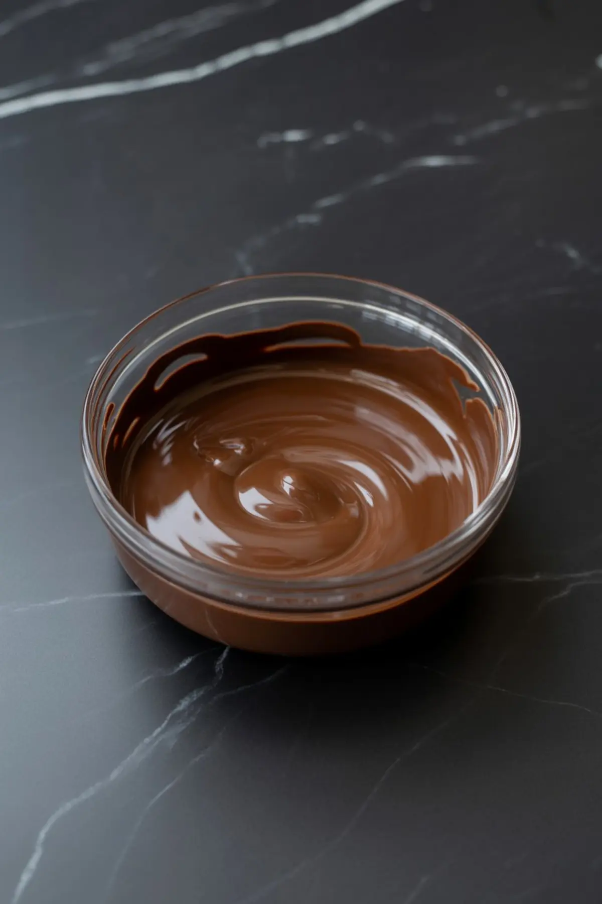 Glass bowl filled with smooth melted chocolate swirled in the center, placed on a dark marble surface.