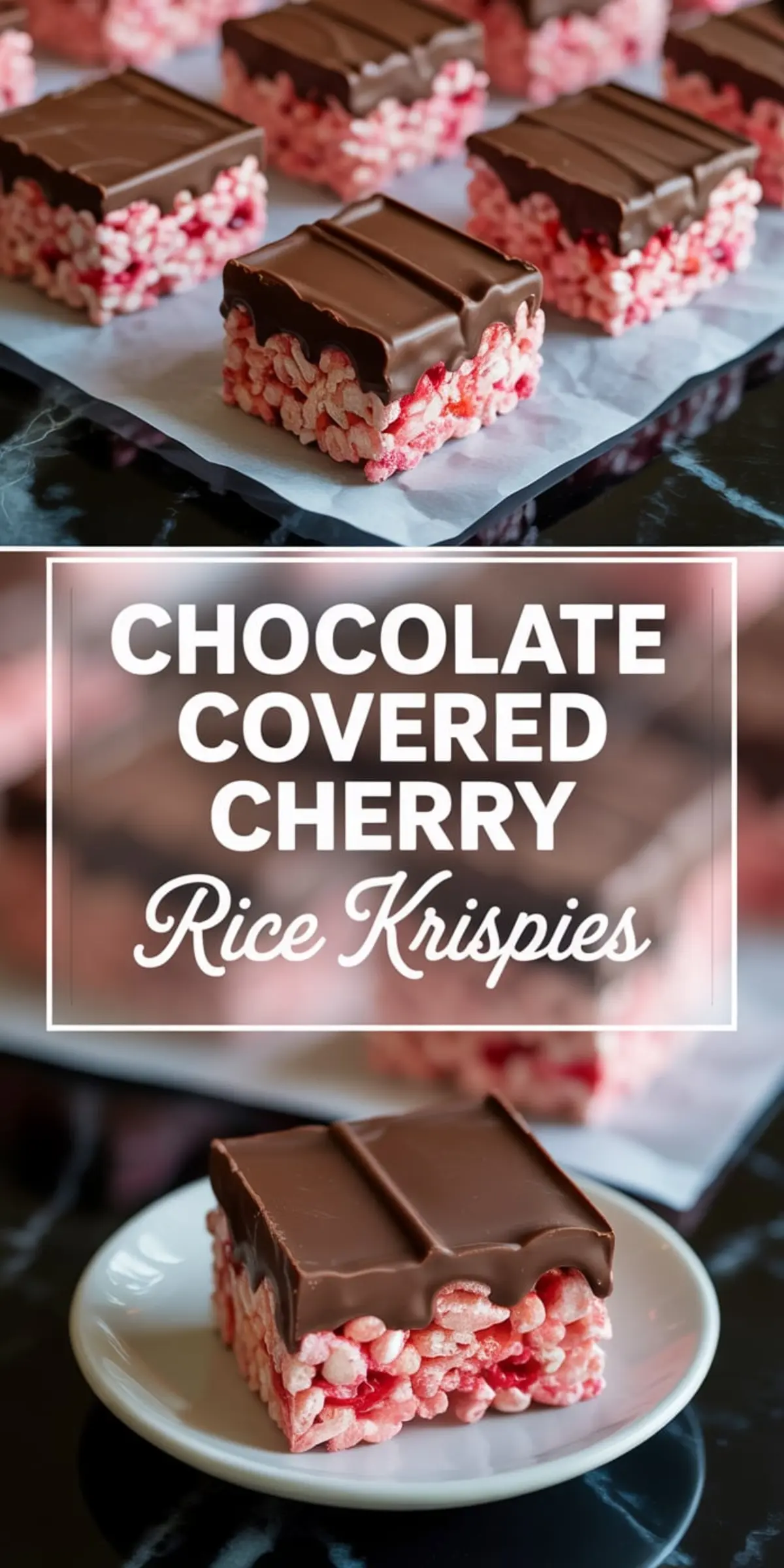 Chocolate-covered cherry Rice Krispies bars with a glossy chocolate layer on top and pink cherry-infused cereal base, styled on a tray and on a white plate, with overlaid text reading “Chocolate Covered Cherry Rice Krispies.”