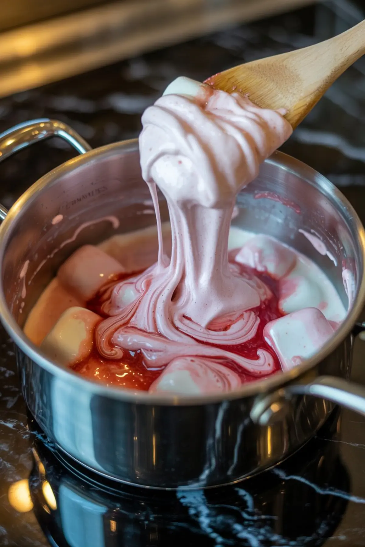 Melted pink marshmallow and cherry mixture being stirred in a pot with whole marshmallows partially melted, lifted by a wooden spoon.