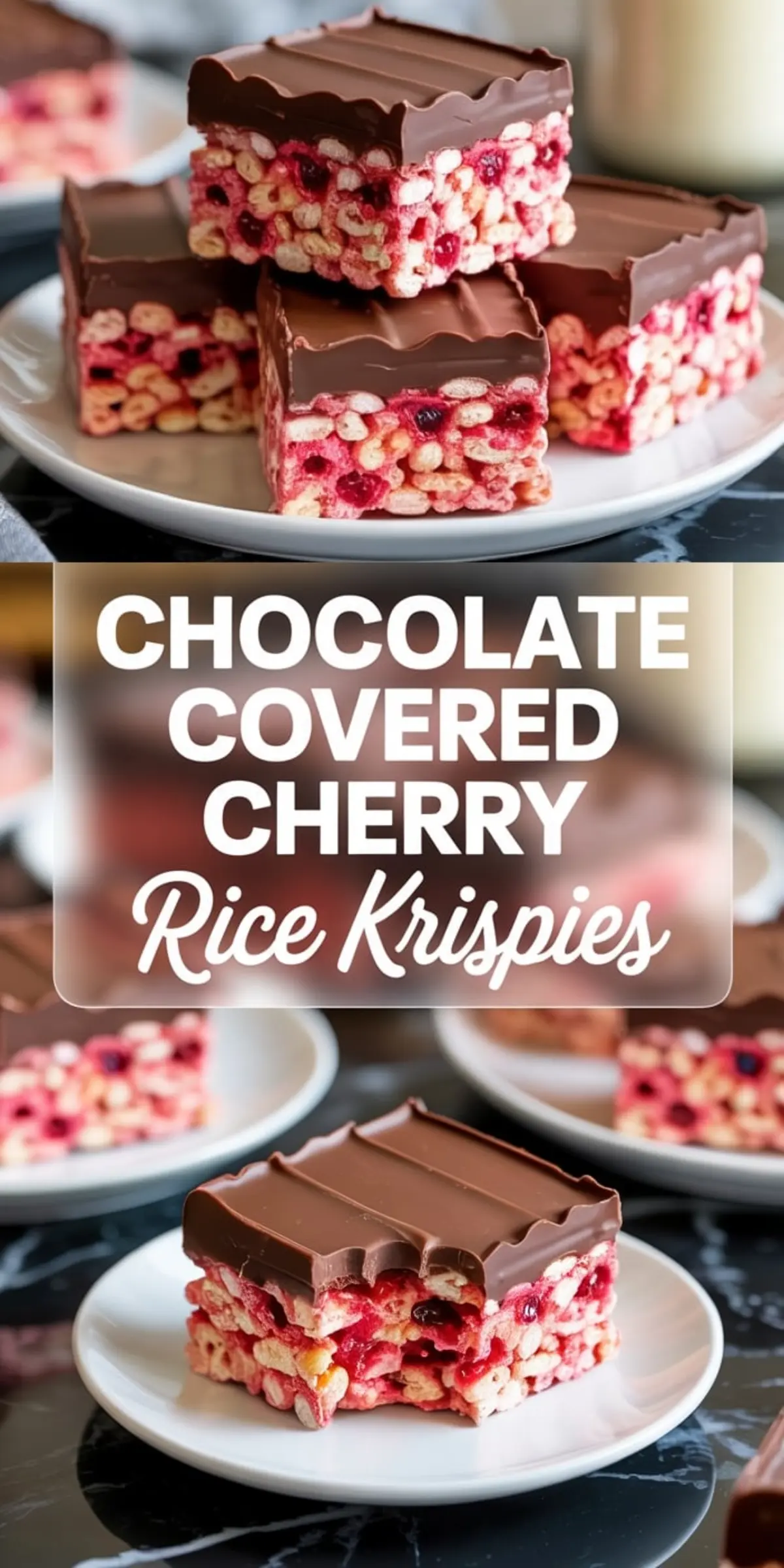 Chocolate-covered cherry Rice Krispies bars stacked and served on plates, showing cross-sections of gooey cherries and cereal, with text overlay reading “Chocolate Covered Cherry Rice Krispies.”