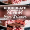 Close-up of chocolate-covered cherry Rice Krispies bars on white plates with visible cherry pieces in the cereal layer and a thick chocolate topping, text overlay stating “Chocolate Covered Cherry Rice Krispies.”