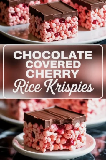 Close-up of chocolate-covered cherry Rice Krispies bars on white plates with visible cherry pieces in the cereal layer and a thick chocolate topping, text overlay stating “Chocolate Covered Cherry Rice Krispies.”