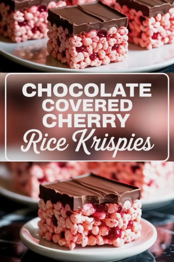Close-up of chocolate-covered cherry Rice Krispies bars on white plates with visible cherry pieces in the cereal layer and a thick chocolate topping, text overlay stating “Chocolate Covered Cherry Rice Krispies.”