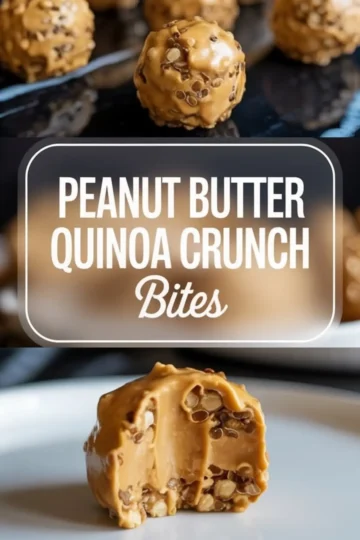 Peanut butter quinoa crunch bites presented in a vertical collage with a close up cut bite, creamy peanut butter coating, visible quinoa, and peanut butter quinoa crunch bites text overlay.