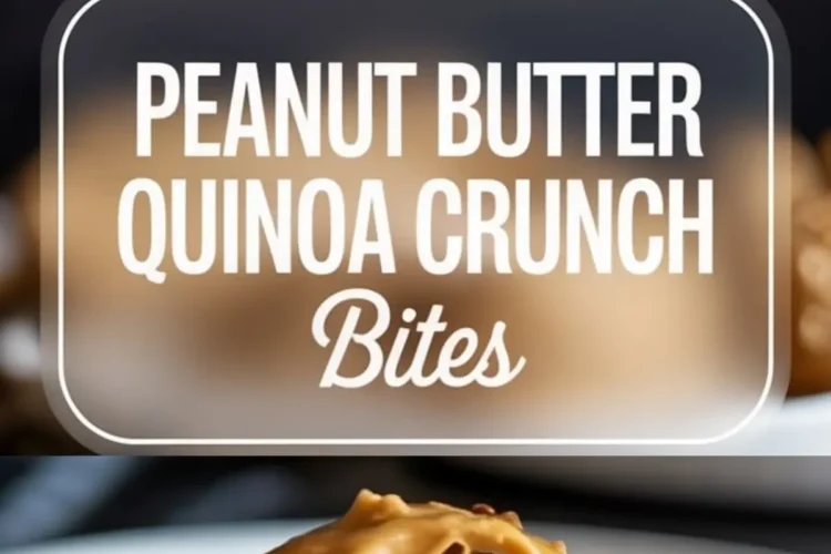 Peanut butter quinoa crunch bites presented in a vertical collage with a close up cut bite, creamy peanut butter coating, visible quinoa, and peanut butter quinoa crunch bites text overlay.