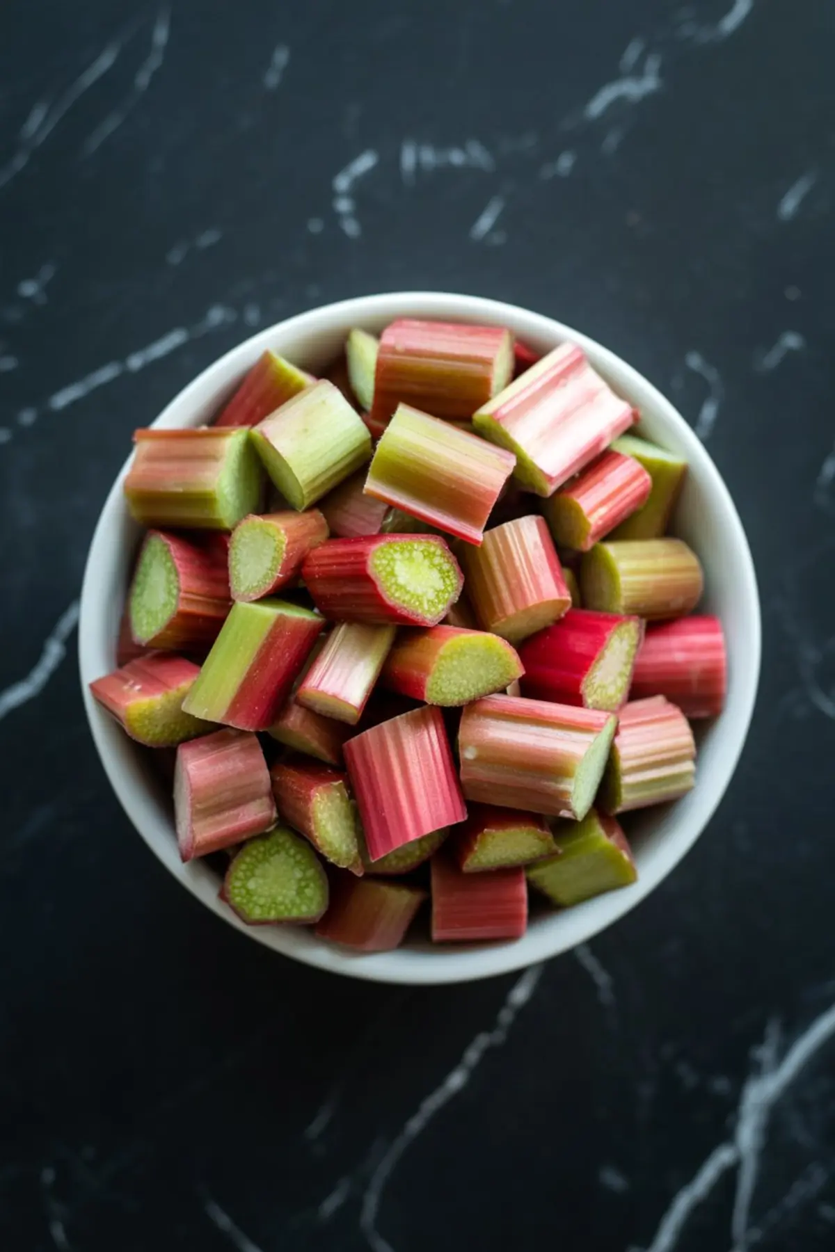 Overhead view of a white bowl filled with chopped fresh rhubarb stalks in shades of red, pink, and green, placed on a black marble background.