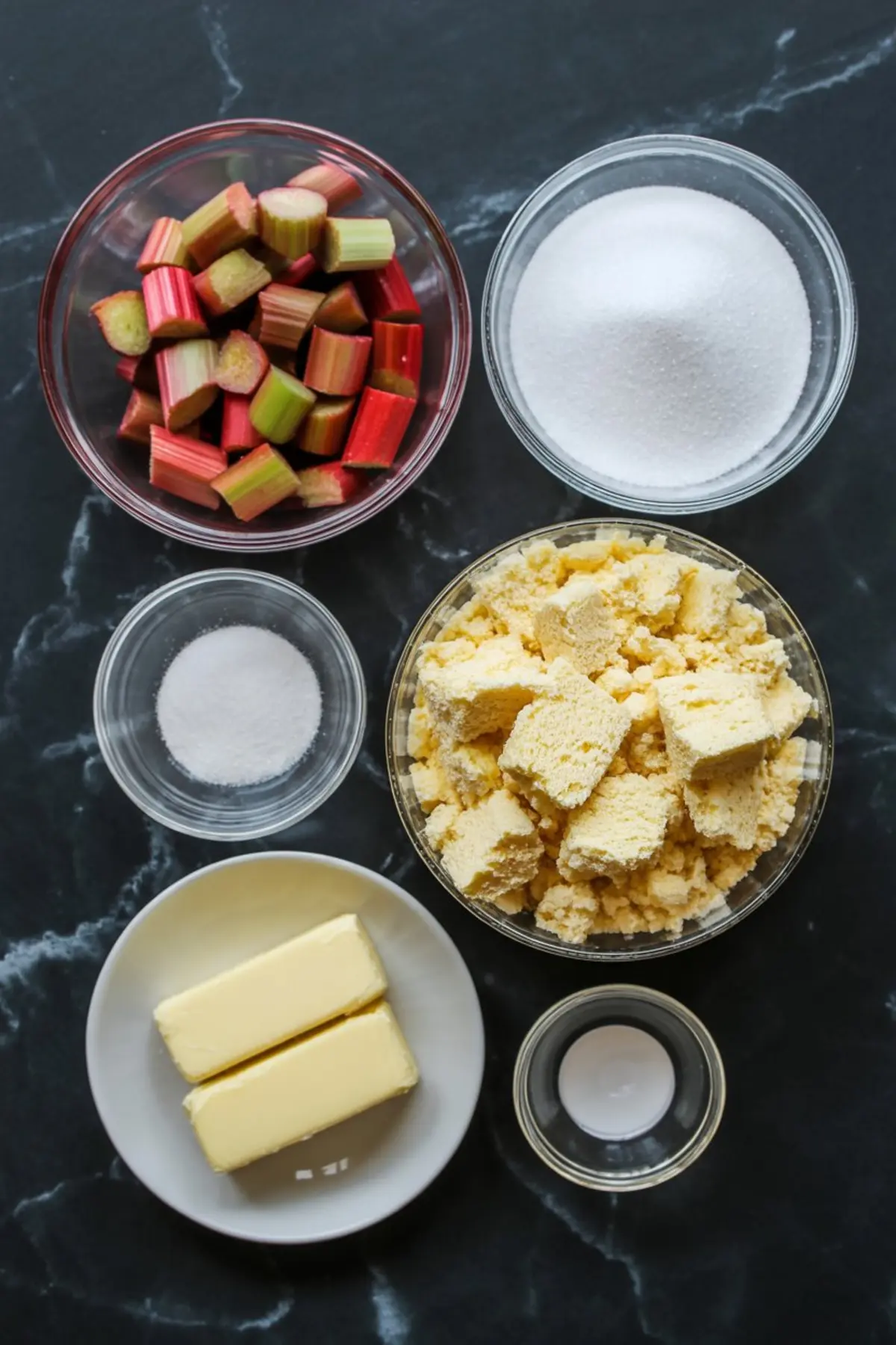 Flat lay of rhubarb dump cake ingredients on a black marble surface, including chopped rhubarb, white sugar, powdered sugar, yellow cake mix chunks, two butter sticks, and vanilla extract in glass bowls.