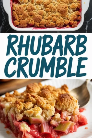 Rhubarb crumble collage featuring a baked crumble in a white square baking dish with golden topping and visible red rhubarb edges, paired with a close-up of a plated slice showing tender rhubarb pieces and crumbly topping.