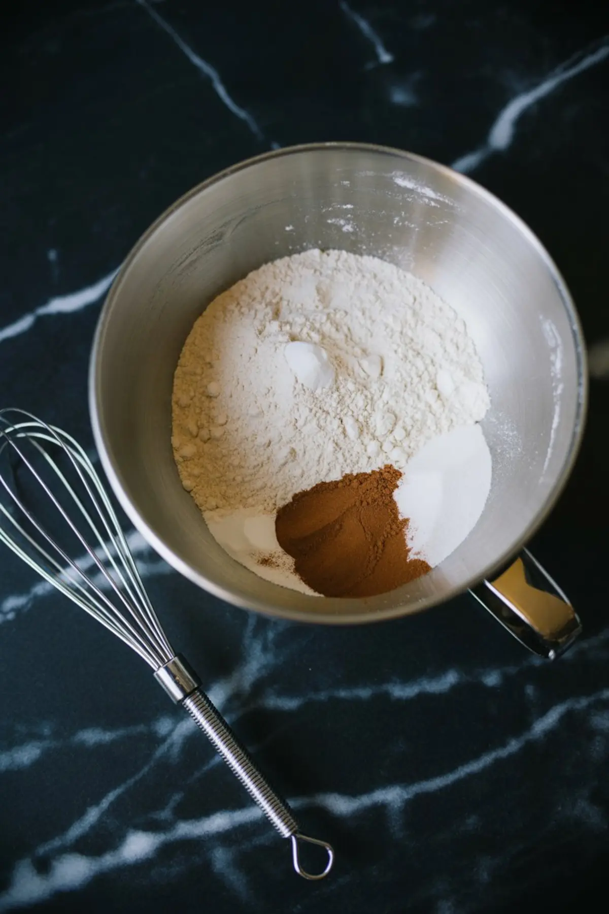 A stainless steel mixing bowl on a dark marble countertop holds dry ingredients including flour, baking powder, sugar, and cinnamon, ready to be whisked. A metal balloon whisk rests beside the bowl.
