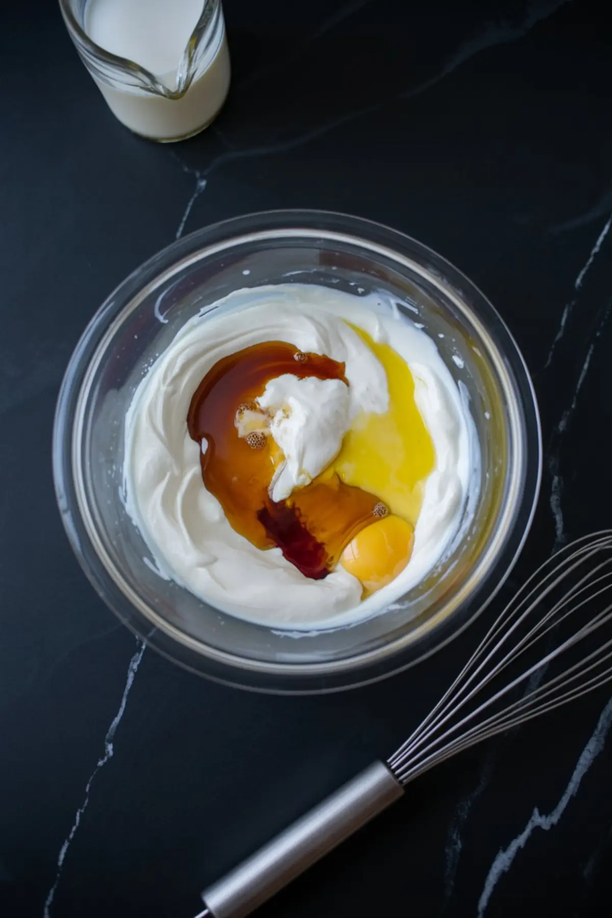 A glass mixing bowl filled with yogurt, a cracked egg, vanilla extract, and oil sits on a black marble surface. A small glass pitcher of milk and a metal whisk are placed nearby.
