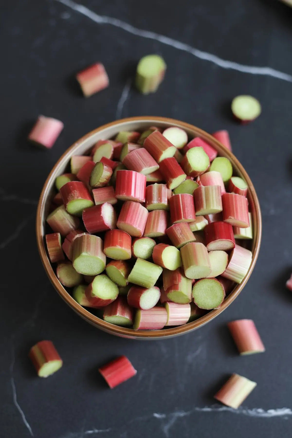 A wooden bowl filled with freshly chopped rhubarb pieces, showcasing their vibrant red and green hues. Extra pieces are scattered on a dark stone countertop.