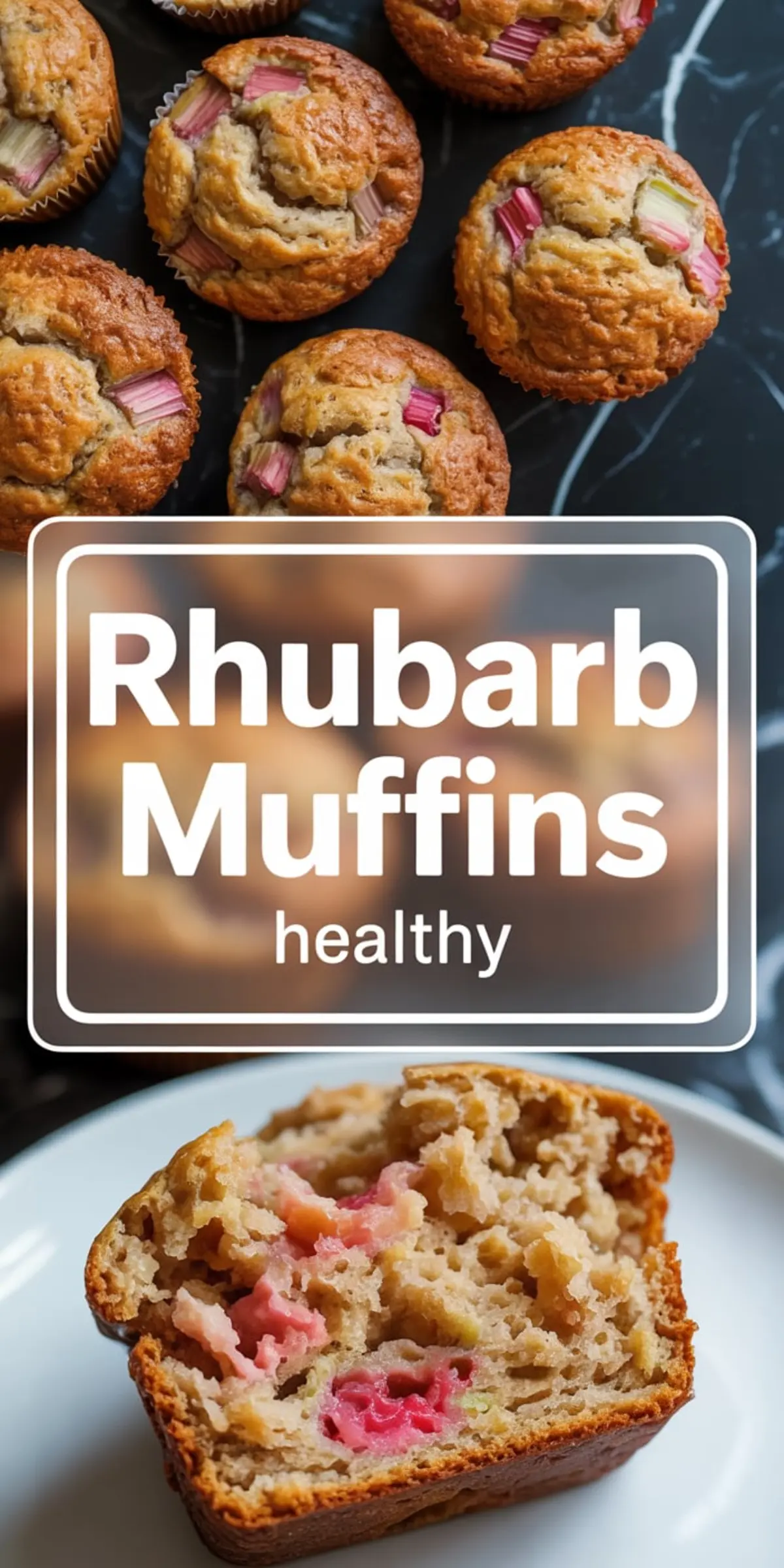 A vertical collage with two sections: the top shows golden brown rhubarb muffins with visible chunks of pink rhubarb on top; the bottom displays a sliced muffin revealing a moist crumb with baked rhubarb inside. The center text overlay reads “Rhubarb Muffins healthy.”