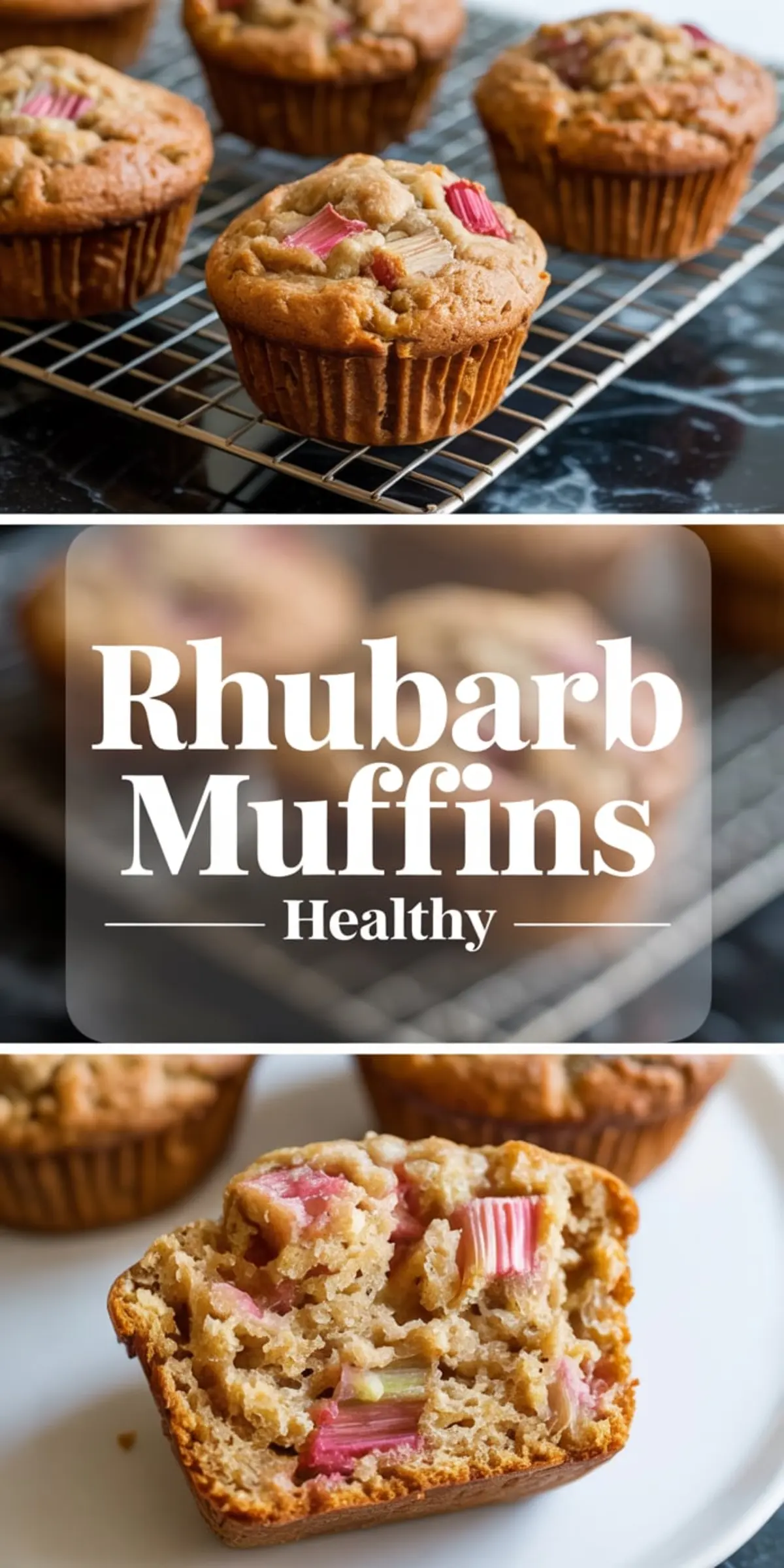 A two-part vertical collage featuring baked rhubarb muffins cooling on a wire rack in the top half, and a close-up of a halved muffin on a white plate in the bottom half. The middle overlay text reads “Rhubarb Muffins Healthy.”