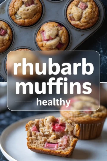 A vertical collage showing muffins in a metal baking tin at the top, with a close-up of a halved muffin filled with baked rhubarb on a white plate below. The central overlay reads “rhubarb muffins healthy.”