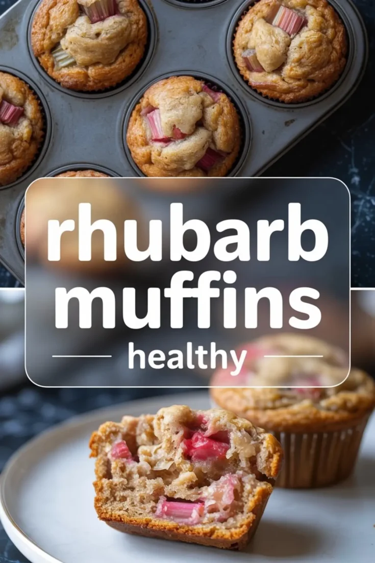 A vertical collage showing muffins in a metal baking tin at the top, with a close-up of a halved muffin filled with baked rhubarb on a white plate below. The central overlay reads “rhubarb muffins healthy.”