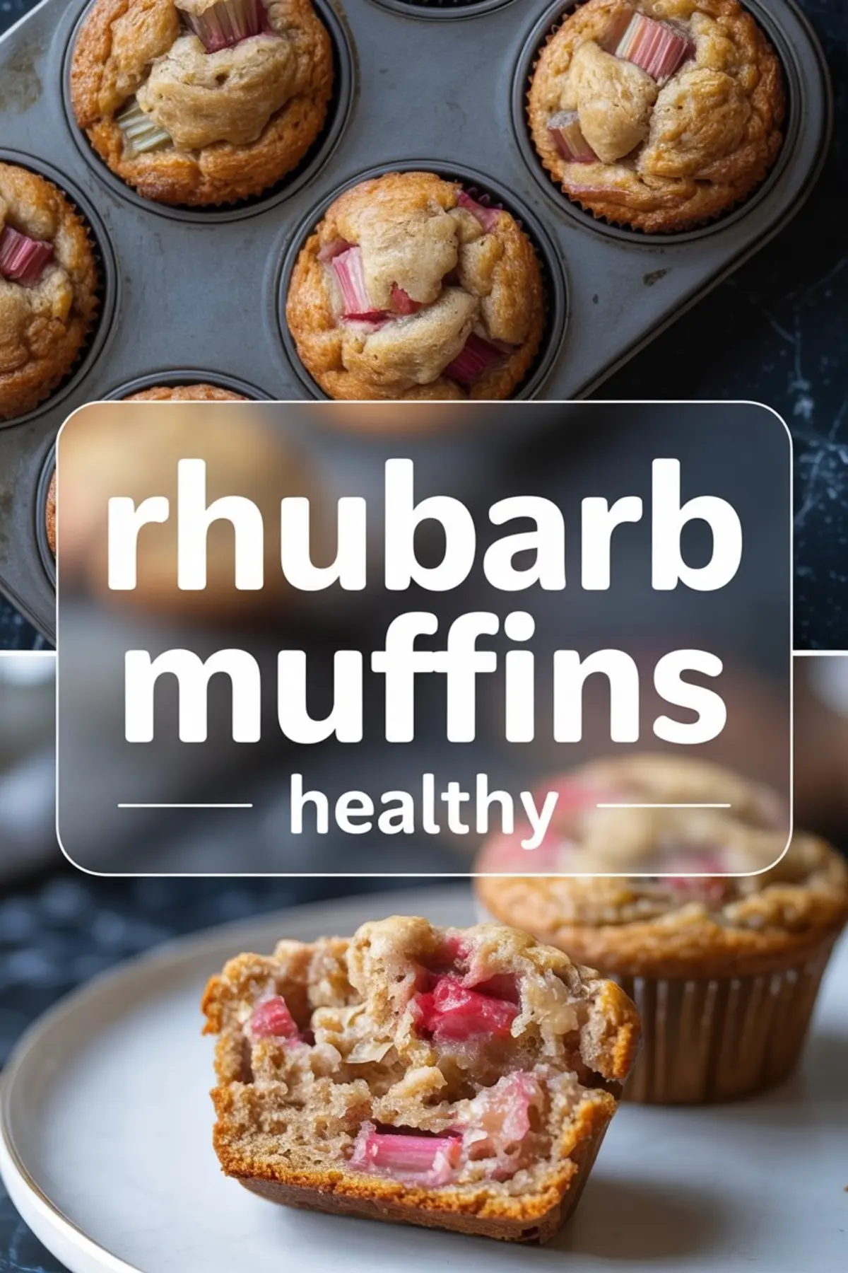 A vertical collage showing muffins in a metal baking tin at the top, with a close-up of a halved muffin filled with baked rhubarb on a white plate below. The central overlay reads “rhubarb muffins healthy.”