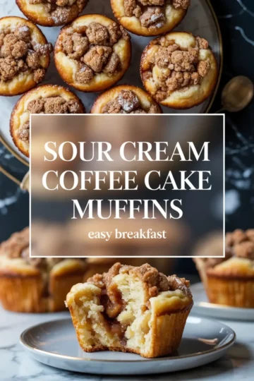 Golden sour cream coffee cake muffins with cinnamon crumble topping, arranged on a serving plate and paired with a close-up of a halved muffin revealing its moist, cinnamon-swirled center on a marble background. Text overlay highlights the recipe as an easy breakfast.