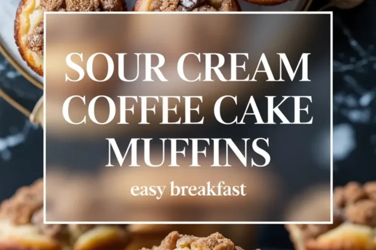 Golden sour cream coffee cake muffins with cinnamon crumble topping, arranged on a serving plate and paired with a close-up of a halved muffin revealing its moist, cinnamon-swirled center on a marble background. Text overlay highlights the recipe as an easy breakfast.