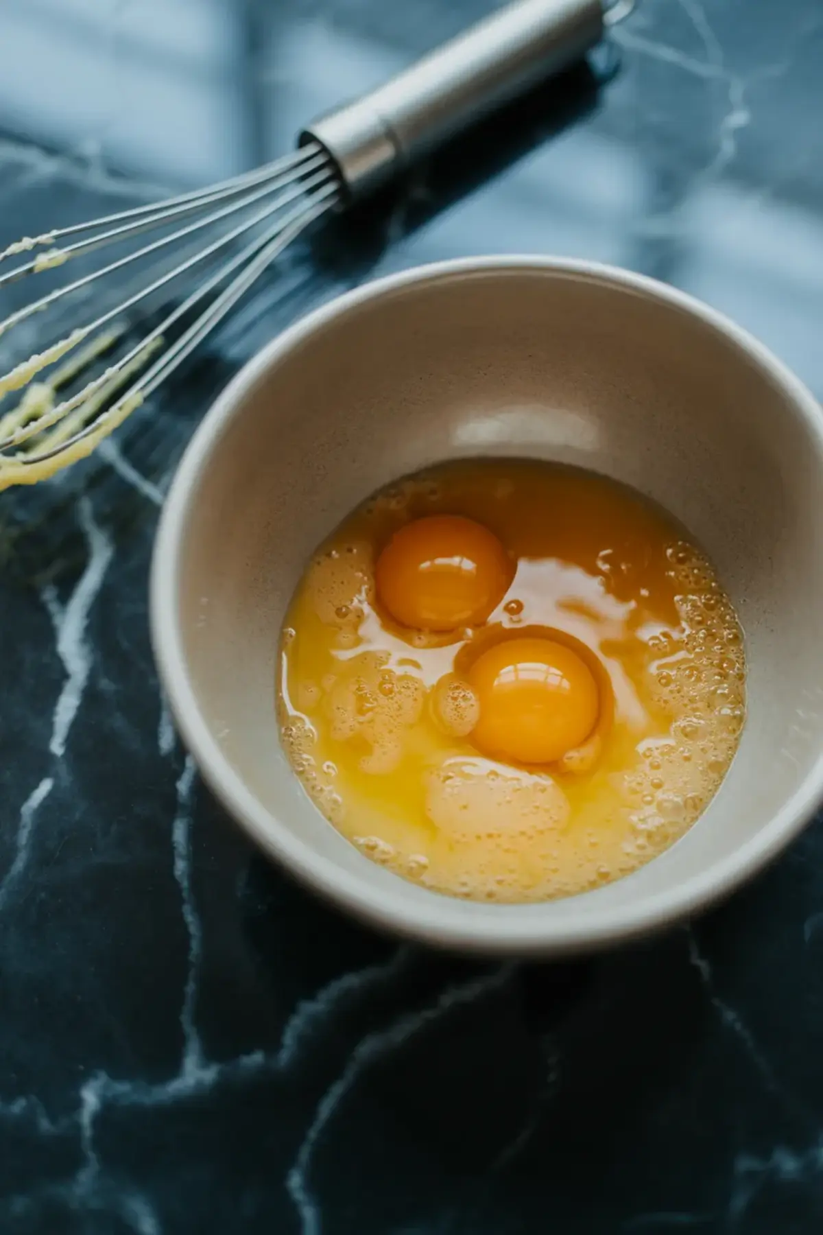 Overhead view of a bowl containing two cracked eggs with visible yolks, placed beside a stainless steel whisk on a black marble countertop.