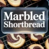 Vertical collage shows spiral chocolate vanilla marbled shortbread cookies arranged on a cooling rack on top and buttery marbled shortbread cookie halves that reveal the swirl pattern on a plate with text overlay reading Marbled Shortbread.