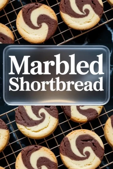 Vertical collage shows spiral chocolate vanilla marbled shortbread cookies arranged on a cooling rack on top and buttery marbled shortbread cookie halves that reveal the swirl pattern on a plate with text overlay reading Marbled Shortbread.